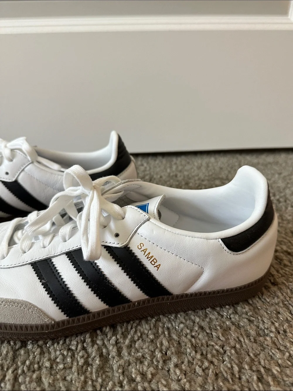 adidas Sambas White Leather Sneakers with Black Stripes and Gray Suede - Picture 3 of 6